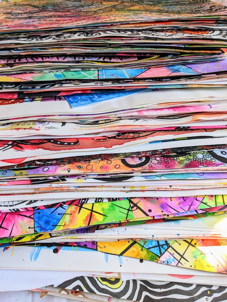 Art work being sorted out by Michelle Still 