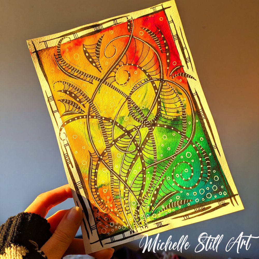Abstract sunset painting by Michelle Still Art with ink swirls and vibrant watercolours